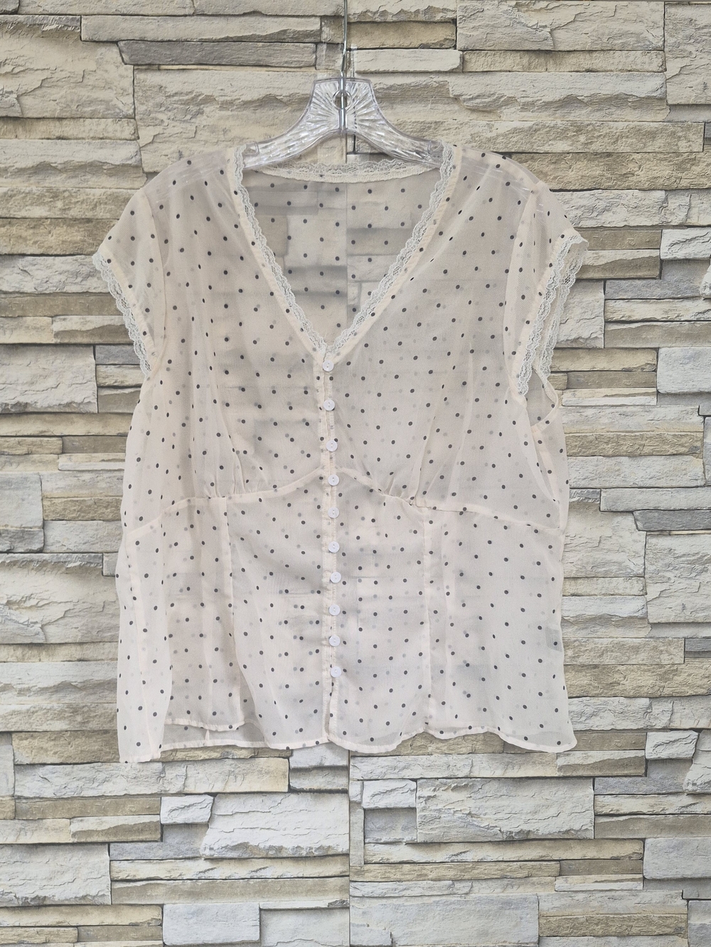 ​Sheer Polka Dot Blouse for Women's 1XL Cream Off-White Lace Trim Button Up